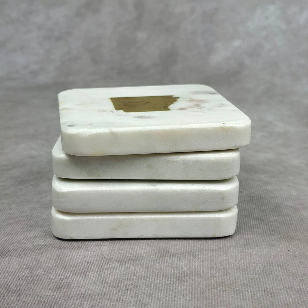 The Royal Standard White Marble Arkansas Brass Inlay Coasters Set of 4